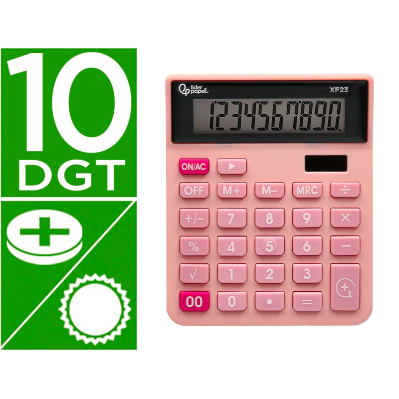 Calculadora liderpapel sobremesa xf23 10 digitos solar y pilas color rosa 127x105x24 mm