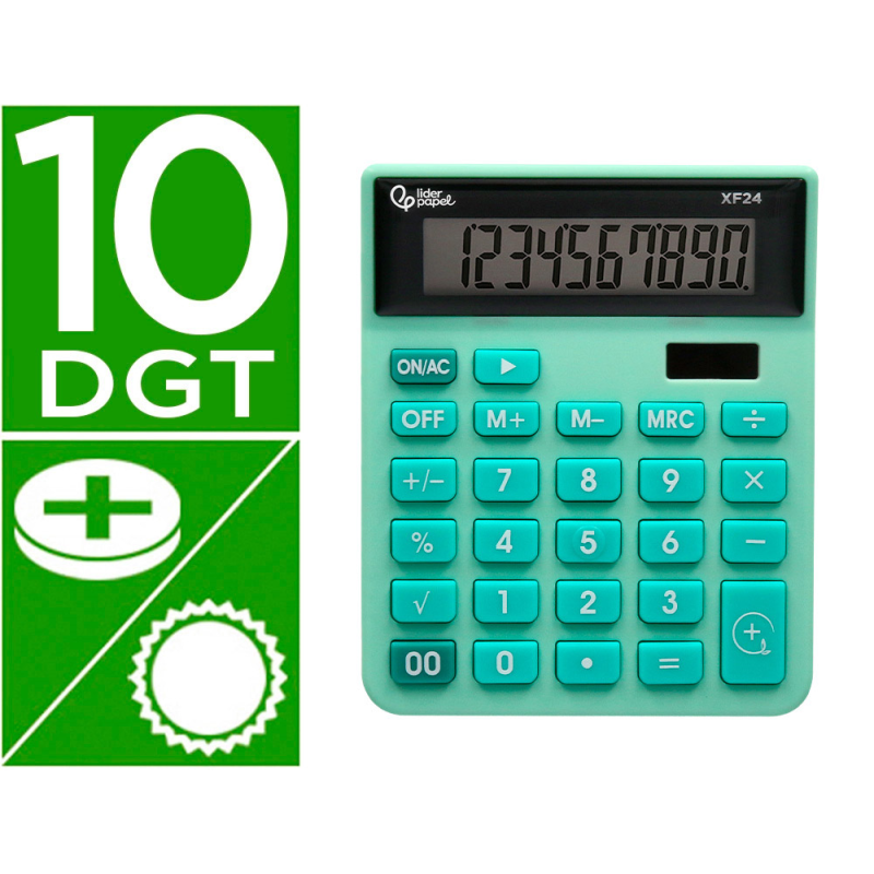 Calculadora liderpapel sobremesa xf24 10 digitos solar y pilas color verde 127x105x24 mm
