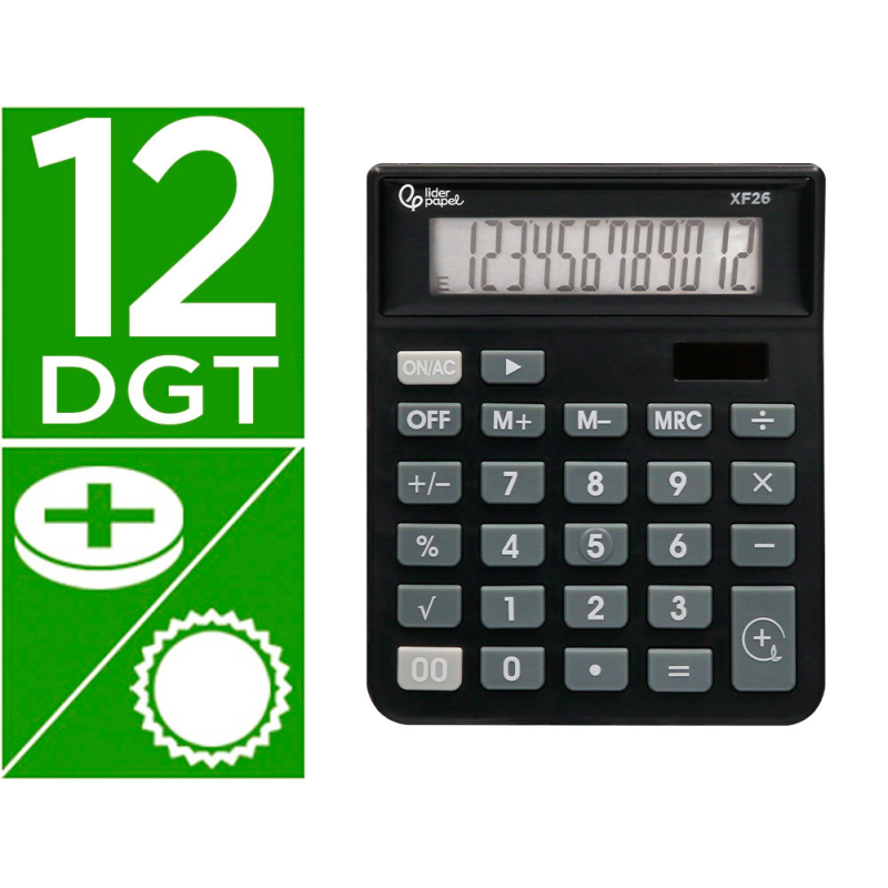 Calculadora liderpapel sobremesa xf26 12 digitos solar y pilas color negro 127x105x24 mm