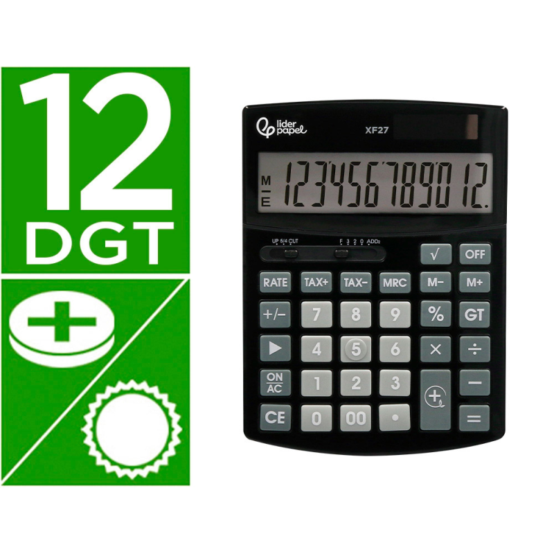 Calculadora liderpapel sobremesa xf27 12 digitos tasas solar y pilas color negro 155x115x25 mm
