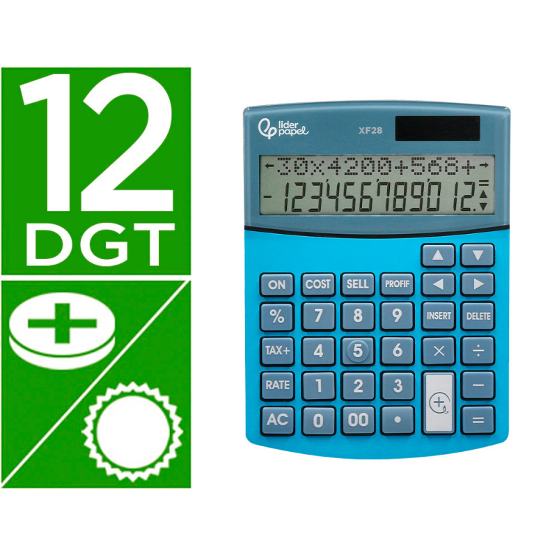 Calculadora liderpapel sobreme sa xf28 12 digitos dos lineas coste venta margen y tasas solar y pilas azul 155x115x25 mm