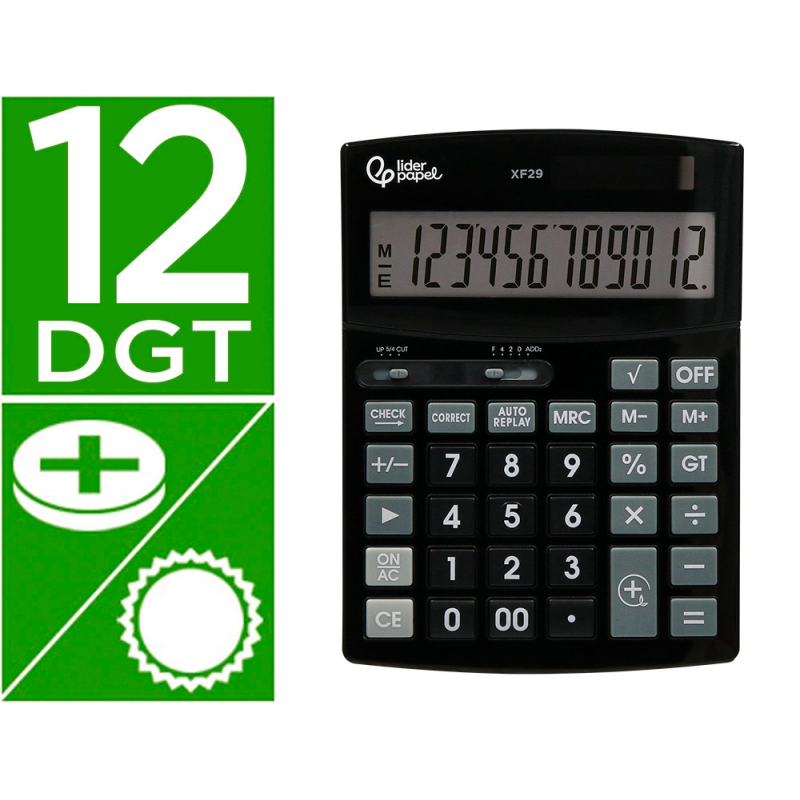 Calculadora liderpapel sobremesa xf29 12 digitos solar y pilas color negro 190x140x30 mm