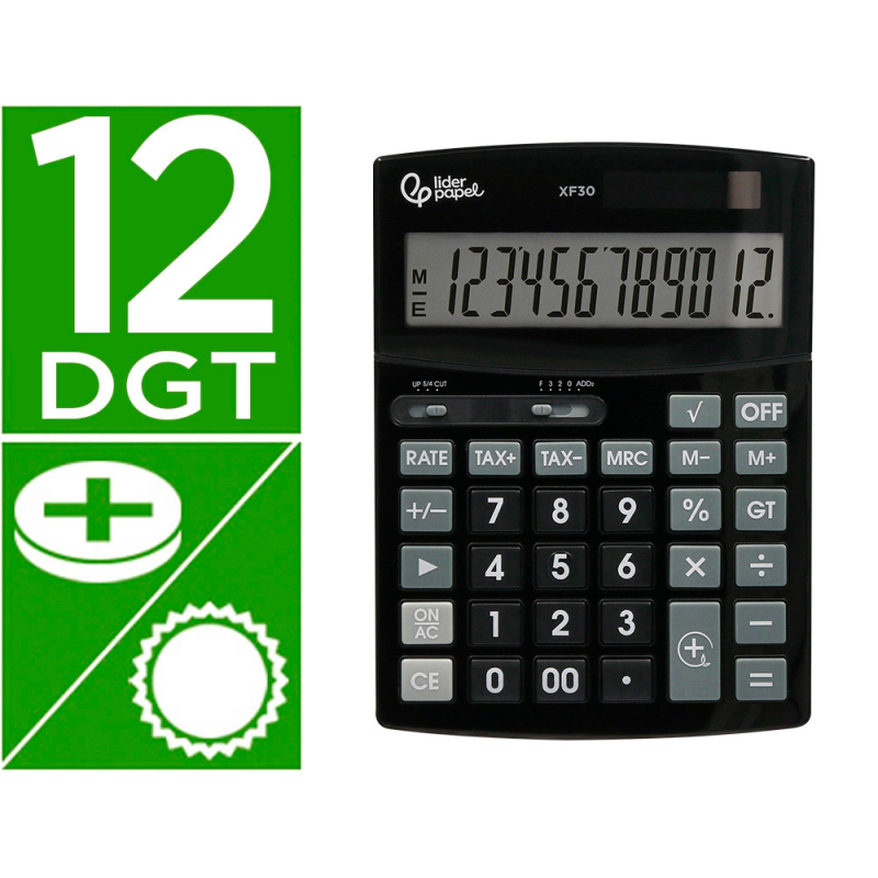 Calculadora liderpapel sobremesa xf30 12 digitos tasas solar y pilas color negro 190x140x30 mm