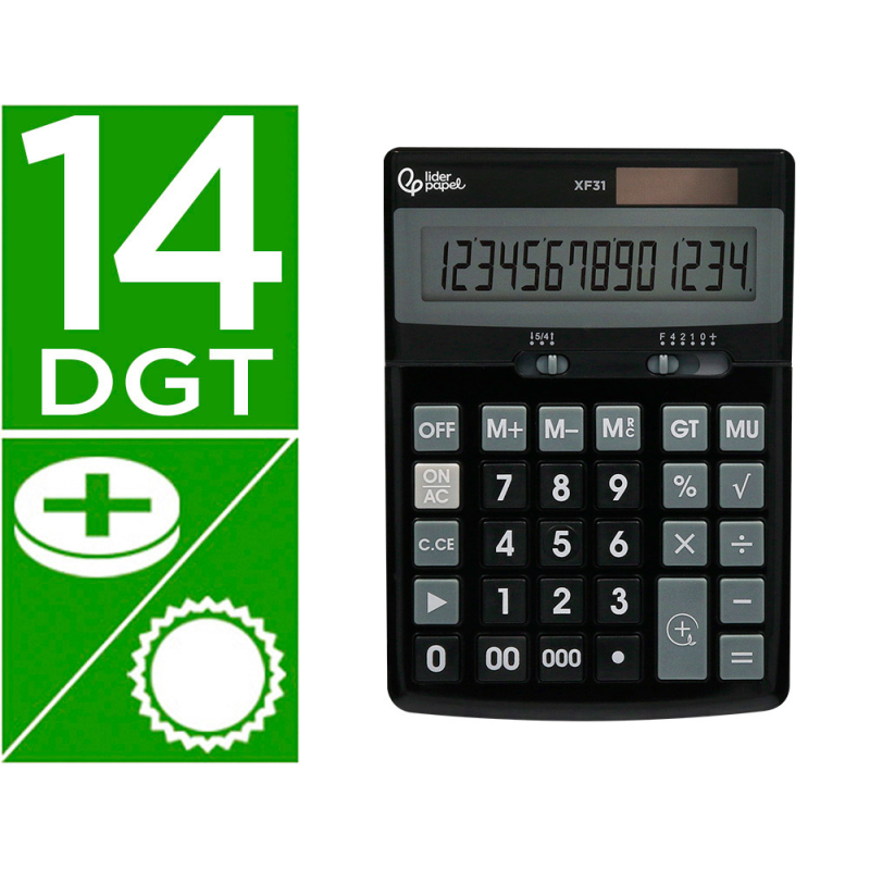 Calculadora liderpapel sobremesa xf31 14 digitos solar y pilas color negro 170x122x35 mm