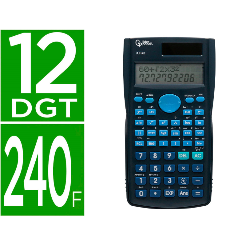Calculadora liderpapel cientifica xf32 12 digitos 240 funciones con tapa solar y pilas color azul 156x85x20
