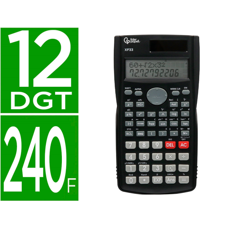 Calculadora liderpapel cientifica xf33 12 digitos 240 funciones con tapa solar y pilas color negro 156x85x20