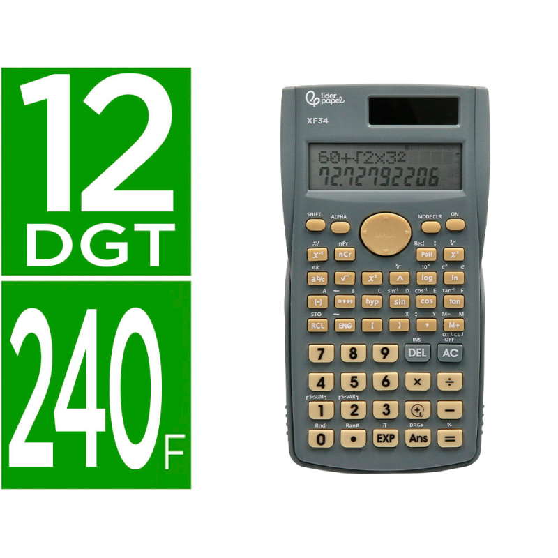 Calculadora liderpapel cientifica xf34 12 digitos 240 funciones con tapa solar y pilas color gris 156x85x20