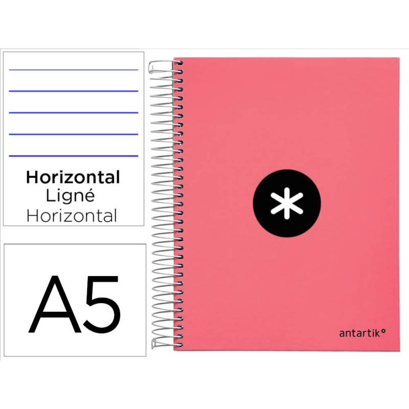 Cuaderno espiral a5 micro antartik tapa forrada120h 100 gr horizontal 5 banda6 taladros color coral