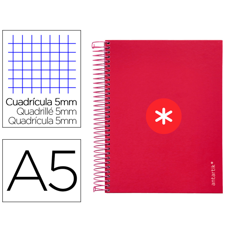 Cuaderno espiral a5 micro antartik tapa forrada120h 90 gr cuadro 5mm 5 bandas6 taladros color frambuesa