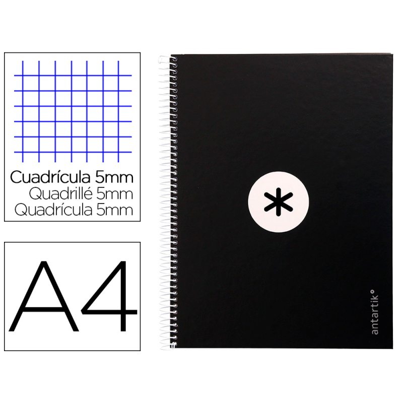 Cuaderno espiral a4 micro antartik tapa forrada 80h 90 gr cuadro 5mm 1 banda 4 taladros negro