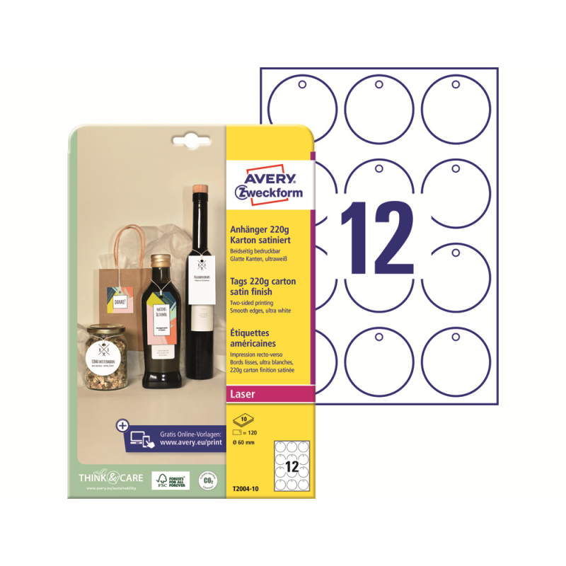 Etiqueta colgante avery blanca 60 mm diametro imprimible doble cara carton 220 gr pack de 120 unidades