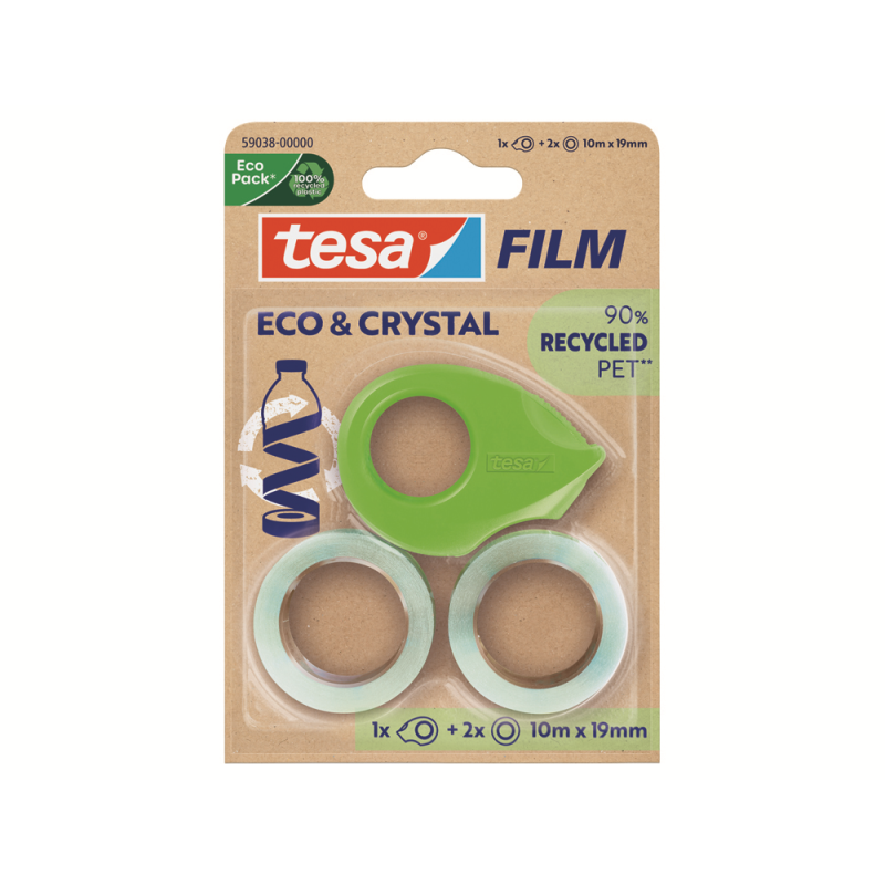 Cinta adhesiva tesa film eco&cristal transparente 10 mt x 19 mm blister de 2 unidades + miniportarrollo