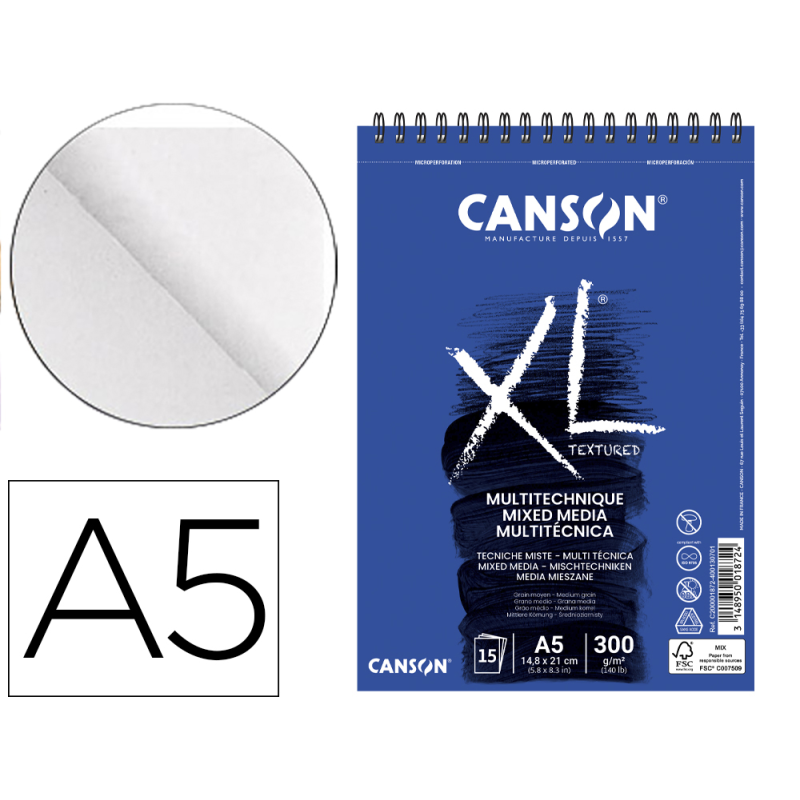 Bloc dibujo acuarela canson xl mix media grano medio din a5 15 hojas 300 gr/m2