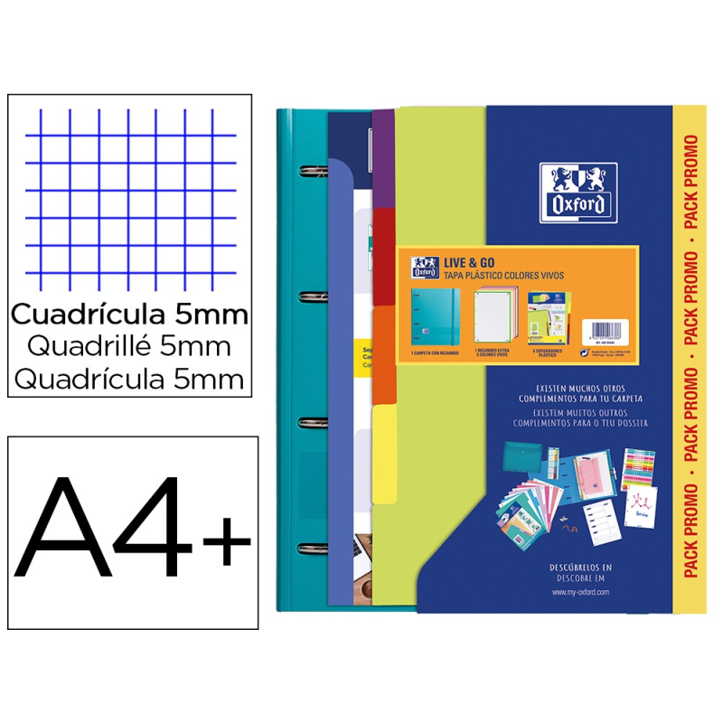 Carpeta con recambio oxford ebinder l&g vivos din a4+ 4 anillas 35 mm recambio 80 h cuadro 5 mm + juego 5