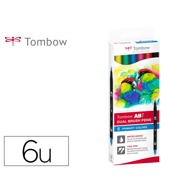 Rotulador tombow abt dual brush acuarelable doble punta fina/pincel estuche de 6 colores primarios