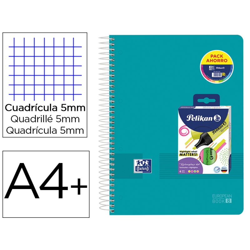 Cuaderno espiral oxford europeanbook 8 tapa polipropileno live&go din a4+ 120h cuadro 5 mm + pack 4 rot