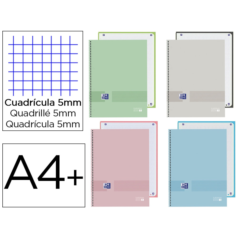 Cuaderno espiral oxford europeanbook 1 you tapa extradura din a4+ 80 hojas cuadro 5 mm color pastel