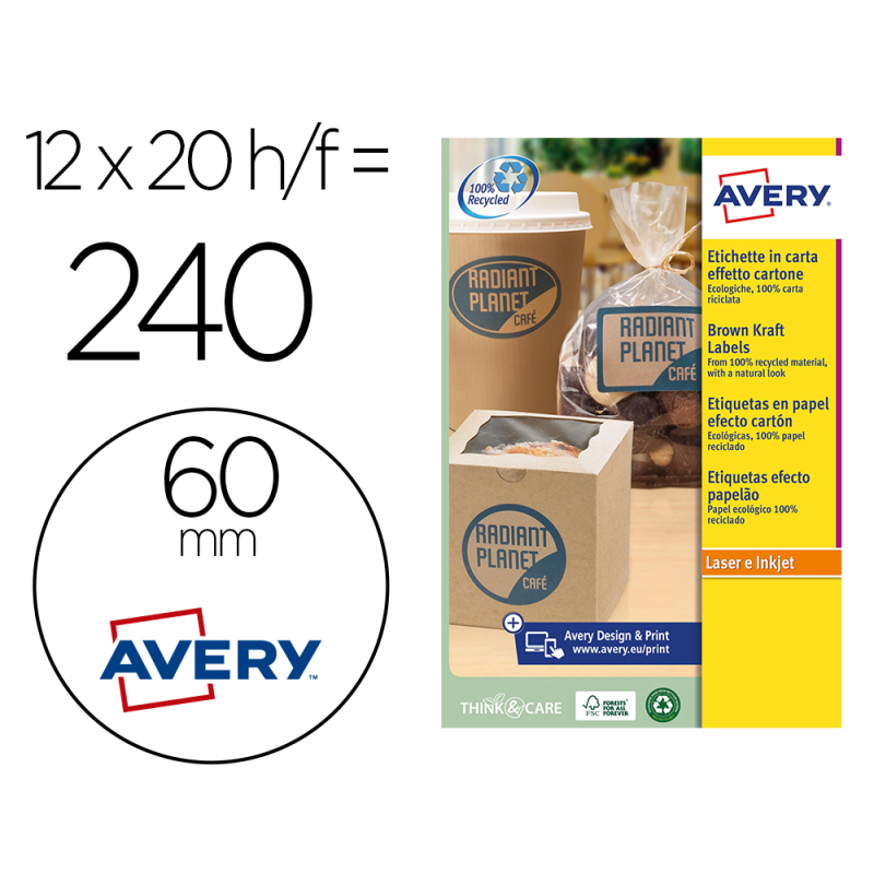 Etiqueta adhesiva avery kraft efecto carton redonda 60 mm removible para laser ink-jet caja de 300 unidades