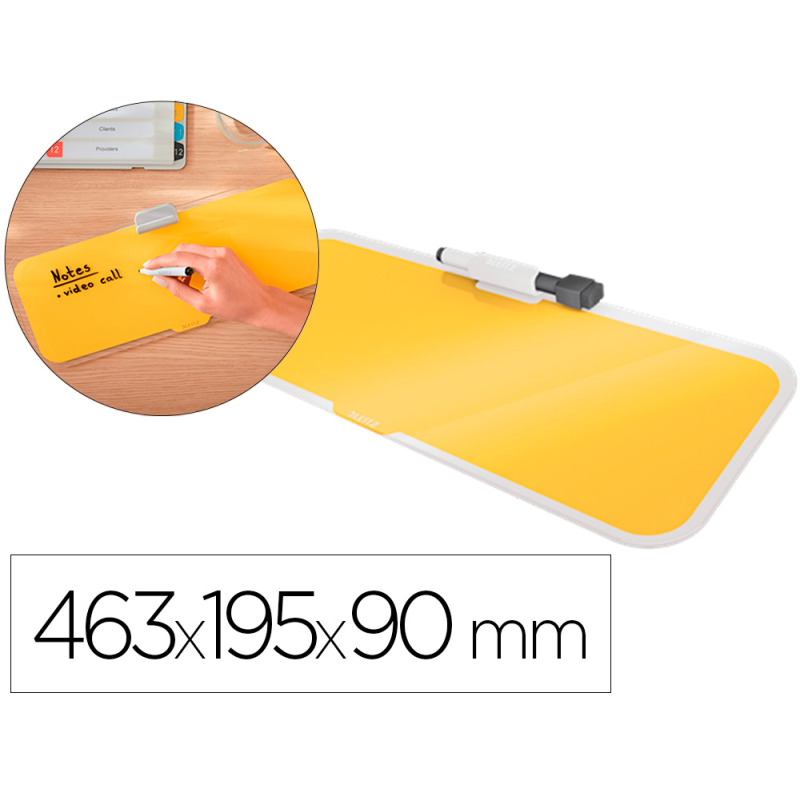 Pizarra leitz cosy sobremesa cristal con rotulador y borrador amarillo 150x60x380 mm