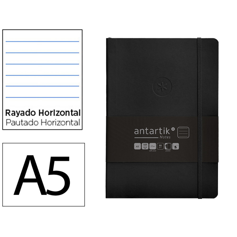 Cuaderno con gomilla antartik notes tapa blanda a5 hojas rayas negro 80 hojas 80 gr fsc