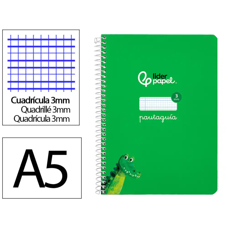 Cuaderno espiral liderpapel a5 pautaguia tapa dura 80h 90 gr cuadro pautado 3mm color verde