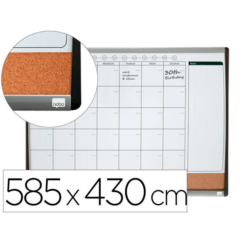 Planificador mensual nobo magnetico + tablero corcho horizontal con marco arqueado plata y negro 585x430 mm