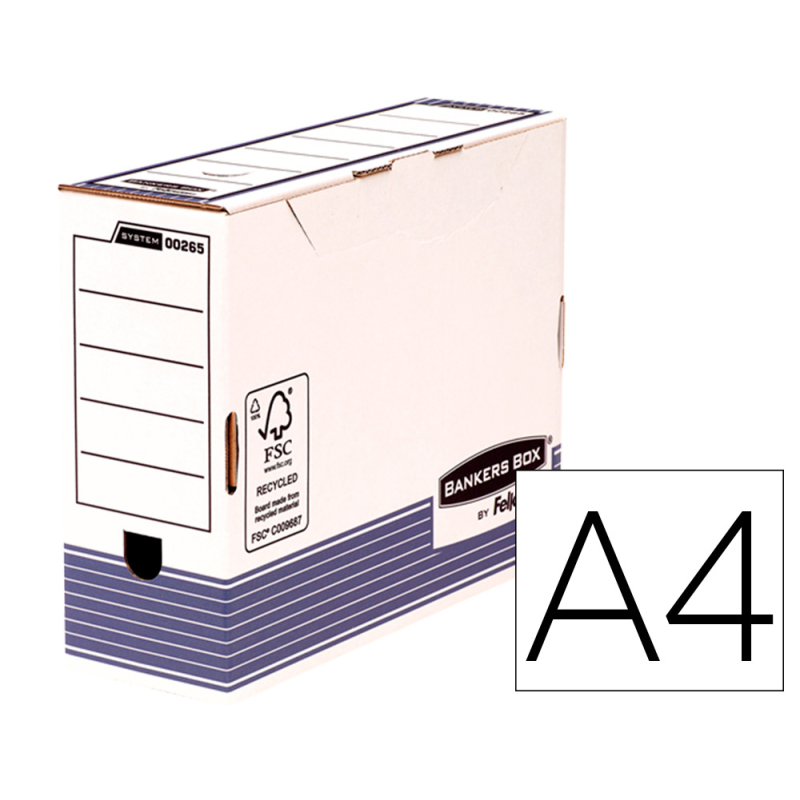 Caja archivo definitivo fellowes a4 carton reciclado 100% lomo 100 mm montaje automatico color azul