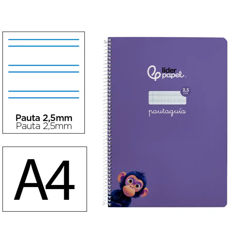 Cuaderno espiral liderpapel a4 pautaguia tapa blanda 80h 75gr cuadro pautado 2,5mm color lila