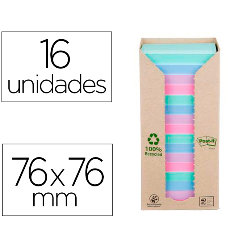 Bloc de notas adhesivas quita y pon post-it 76x76 mm 100% reciclada pefc en torre pack de 16 unidades colores
