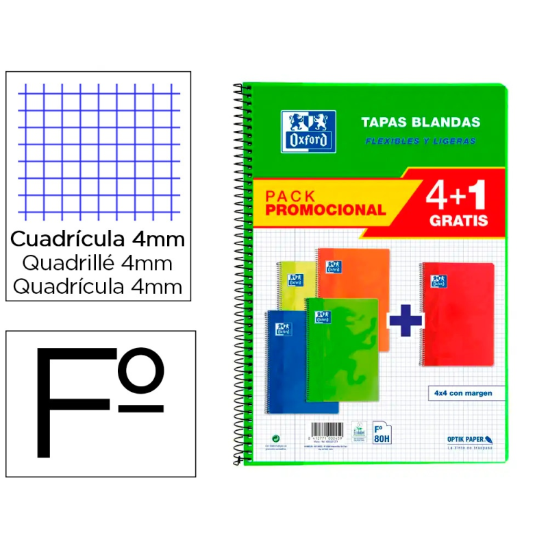 Bloc espiral oxford tapa blanda folio 80 hojas 90gr cuadro 4 mm colores vivos pack de 4+1