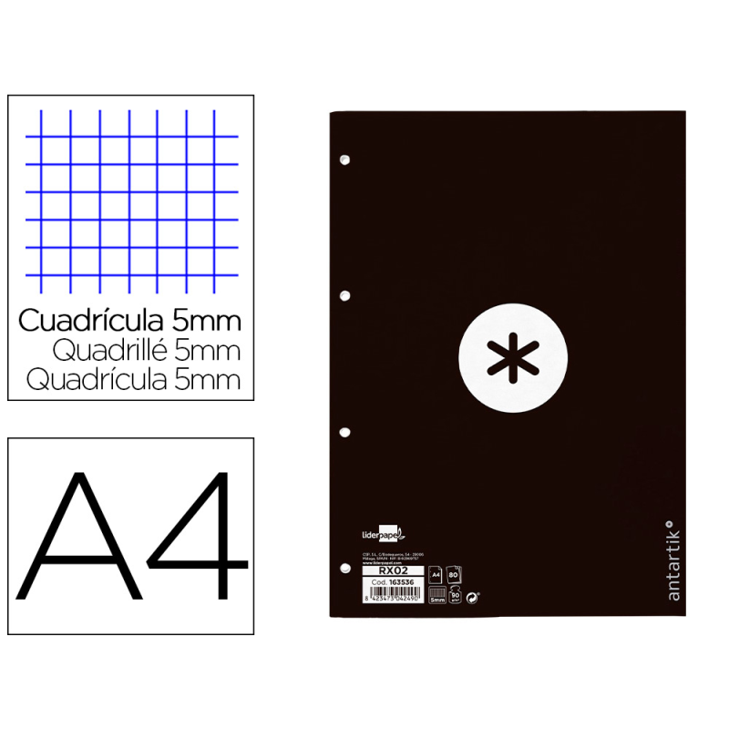 Recambio antartik a4 80 hojas 90gr cuadro 5 mm 4 taladros 1 banda marco color negro