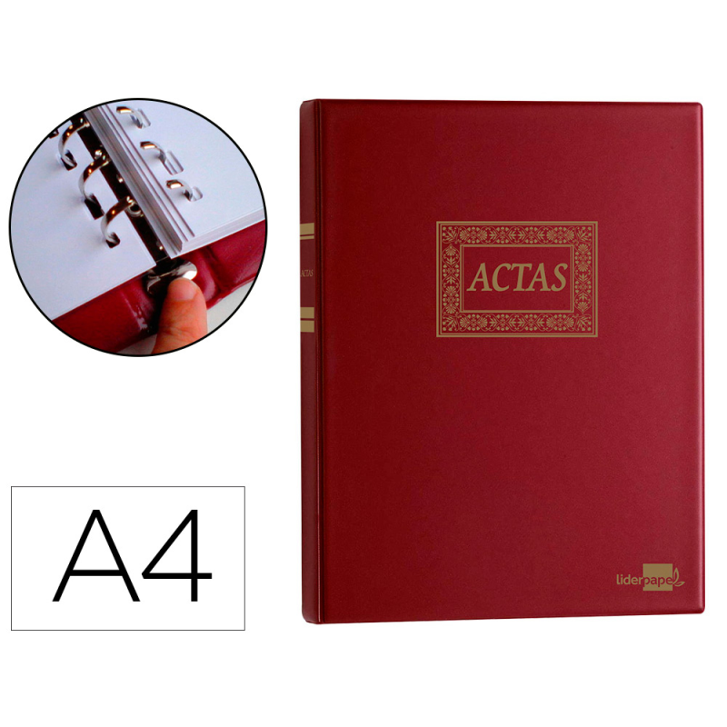 Libro liderpapel din a4 actas 30 anillas con 100 hojas movibles taladradas y numeradas color burdeos