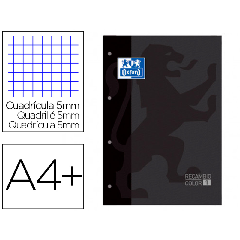 Recambio color 1 oxford din a4+ 80 hojas 90 gr cuadro 5 mm 4 taladros color negro
