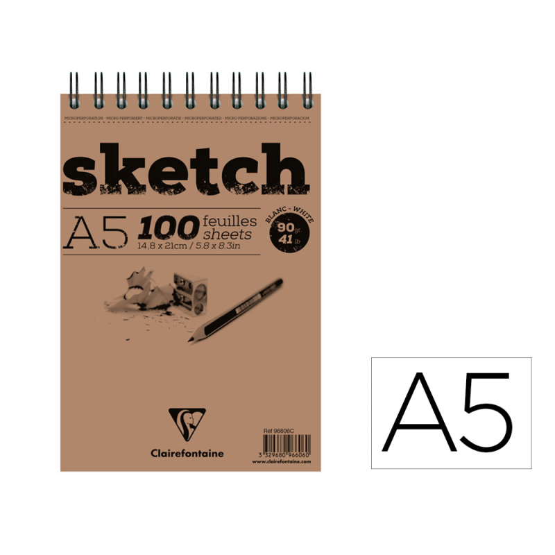 Bloc de dibujo espiral croquis clairefontaine din a5 microperforado 148x210 mm 100 hojas blancas 90 g