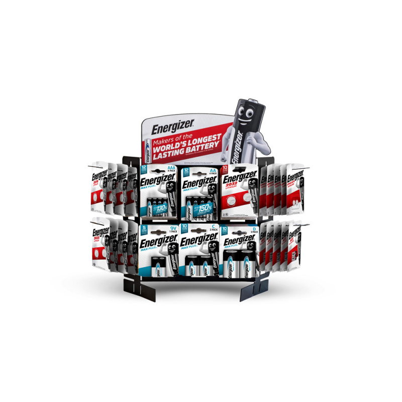 Pila energizer alcalina max plus expositor de sobremesa origami de 108 blister surtidos