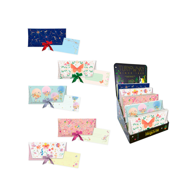 Sobres de regalo arguval con lazo + tarjeta 4 modelos papel 250 gr con relieve y holografia 23x11 cm