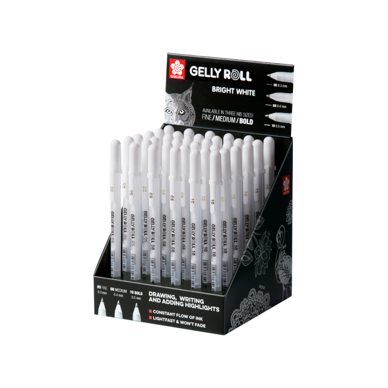 Rotulador sakura gel gelly roll gel color blanco expositor de 36 unidades surtidas 05 mm 08 mm y 10 mm