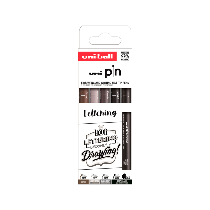 Rotulador uniball pin lettering blister de 5 unidades colores surtidos