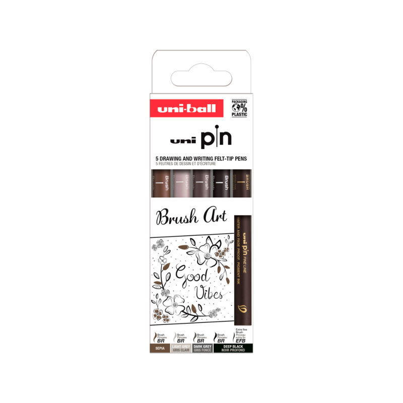 Rotulador uniball pin punta pincel flexible blister de 5 unidades colores surtidos