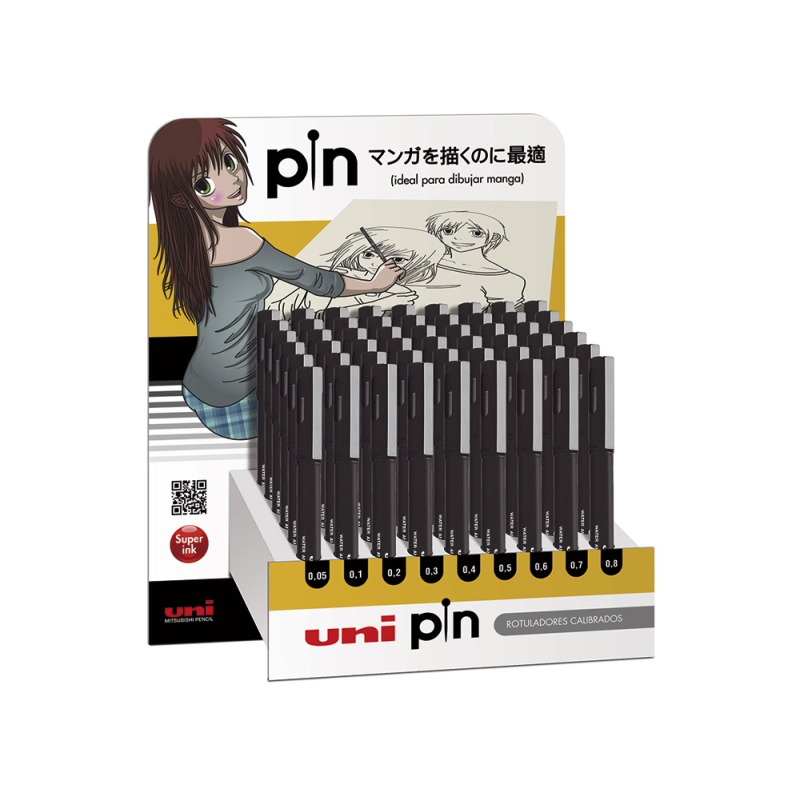 Expositor rotulador uniball pin calibrado micrometrico color negro expositor de 54 unidades surtidas
