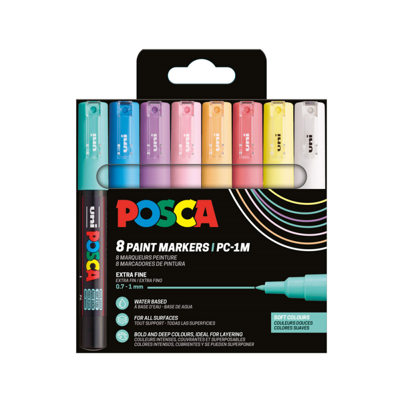 Rotulador uni posca pc-1m marcador de pintura punta extrafina 0,7 mm blister de 8 unidades colores pastel