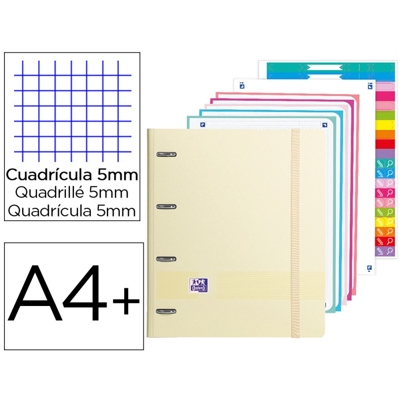 Carpeta con recambio oxford ebinder l&g pastel din a4+ 4 anillas 35 mm recambio 80 h cuadro 5 mm + juego 5