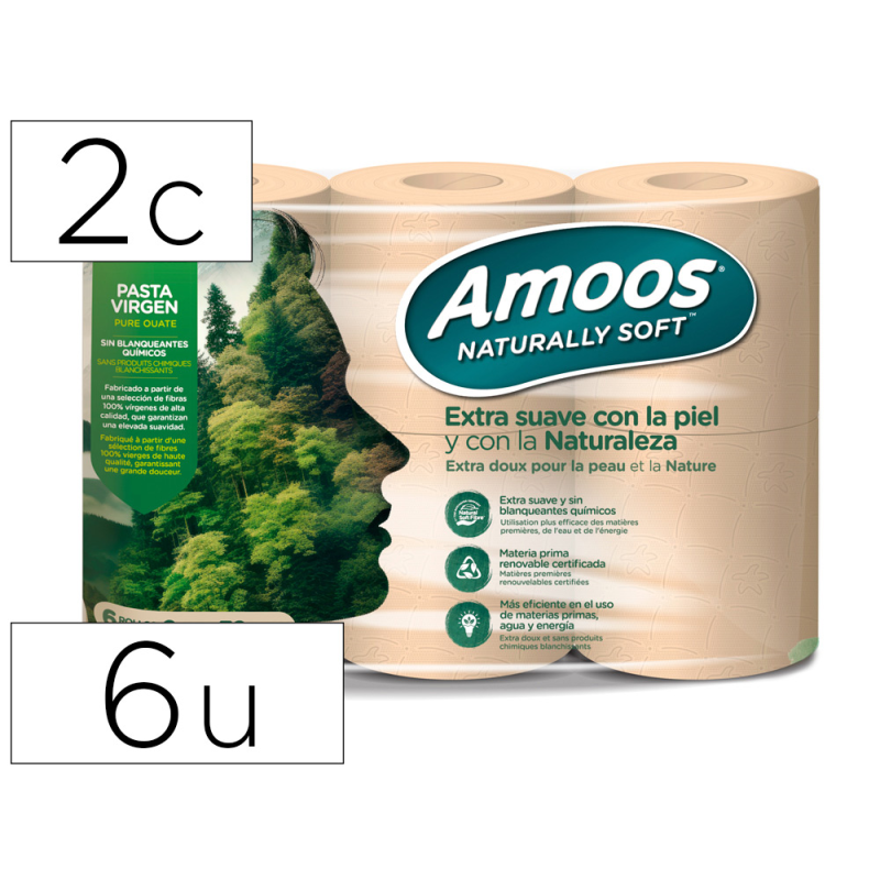 Papel higienico amoos naturally soft 2 capas pasta cruda paquete de 6 rollos 32 m