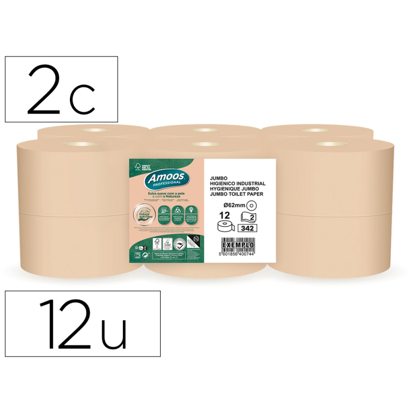 Papel higienico amoos naturally jumbo professional 2 capas pasta cruda paquete de 12 rollos 120 m
