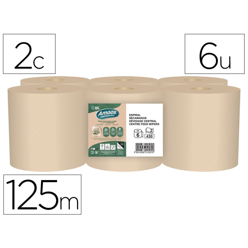 Papel secamanos amoos naturally soft 2 capas pasta cruda paquete de 6 rollos 125 m