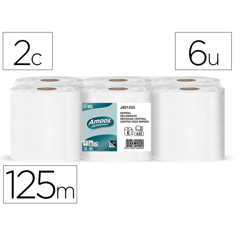 Papel secamanos amoos efficiency professional 2 capas color blanco paquete de 6 rollos