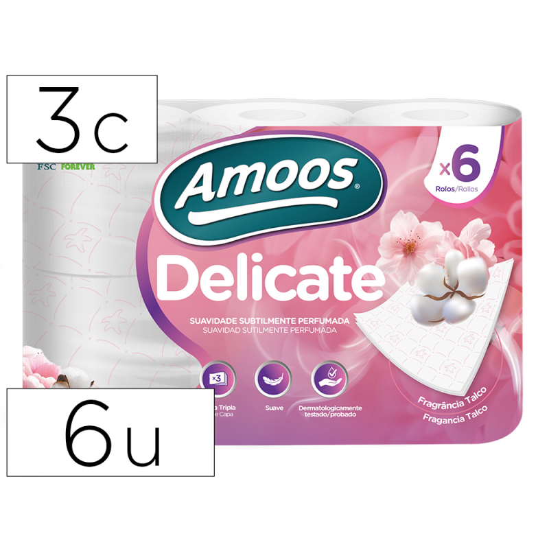 Papel higienico amoos delicate 3 capas color blanco paquete de 6 rollos 20 m