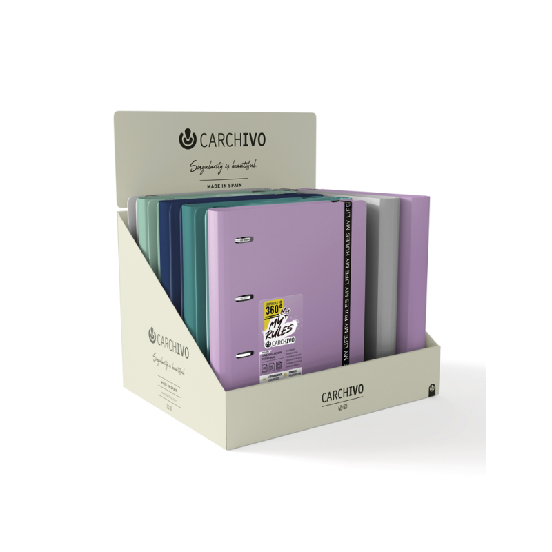 Carpeta carchivo 360 my rules 4 anillas 20 mm pp foam a4 con gomilla expositor de 10 unidades colores surtidos