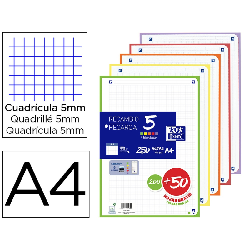 Recambio oxford din a4 200+50 hojas gratis cuadro 5 mm 4 taladros con banda 5 colores vivos