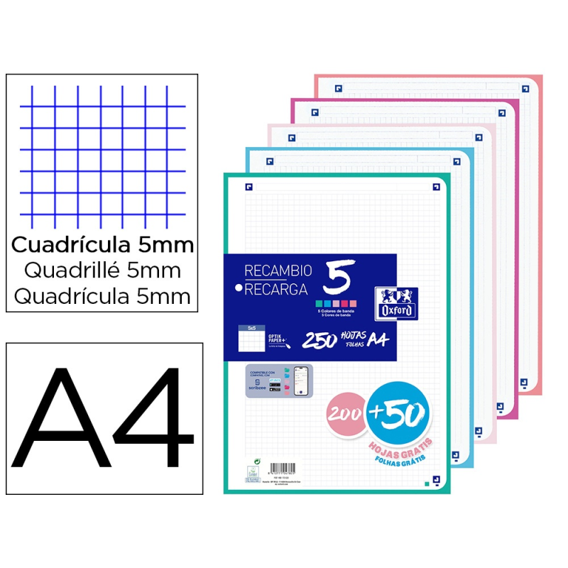 Recambio oxford din a4 200+50 hojas gratis cuadro 5 mm 4 taladros con banda 5 colores pastel